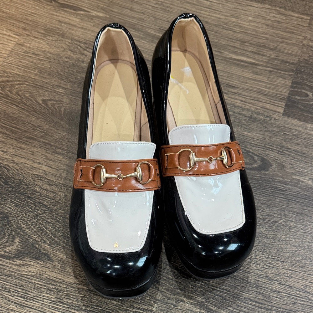 Women's Two-Tone Patent Loafer in Black, White & Brown with Horsebit Accent